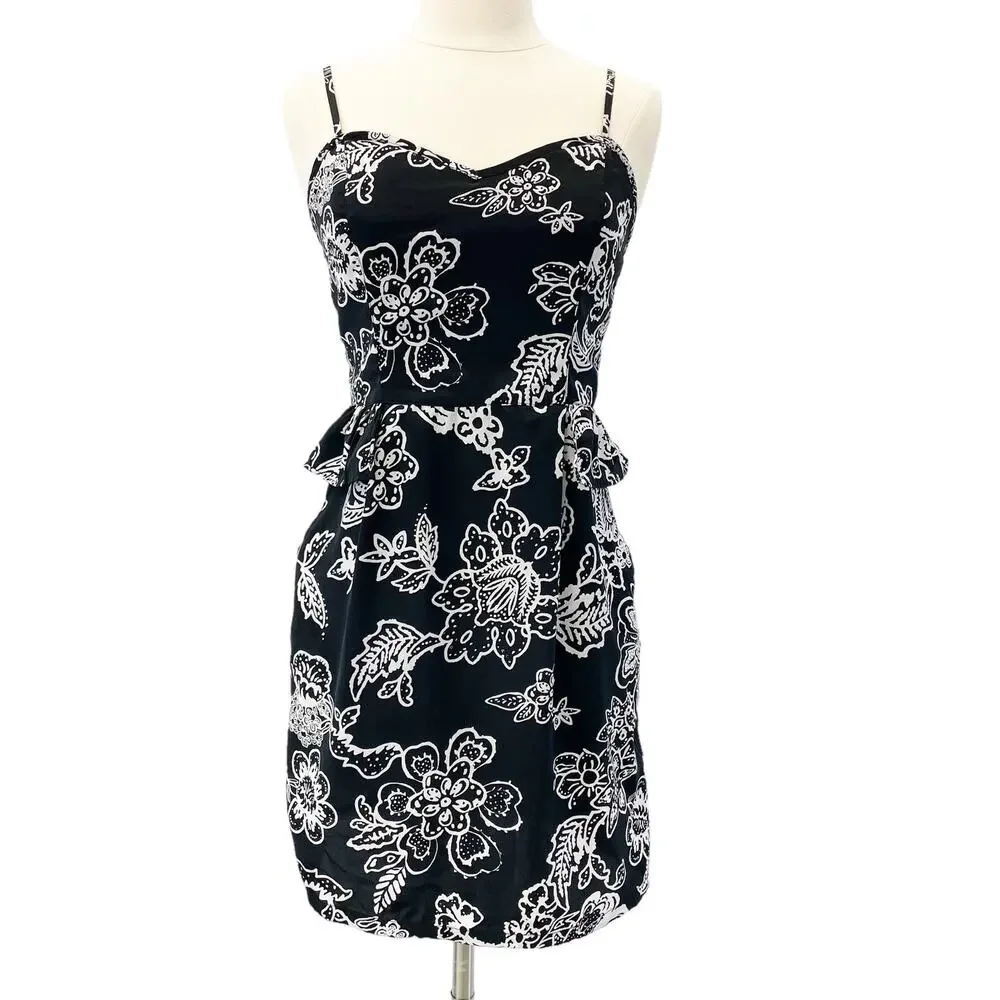 American Eagle Womens 6 Floral Sleeveless Dress Black White Peplum Sweetheart‎